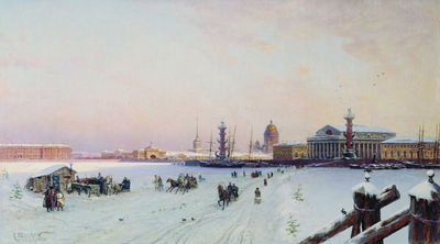Вид Невы и Стрелки Васильевского острова с Фондовой биржей. 1879