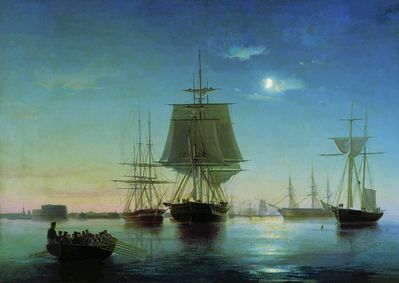 Кронштадтский рейд с кораблями вечером. 1855