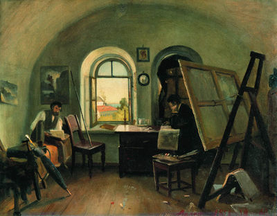«и. и. Шишкин и А. В. Гине в мастерской на острове Валааме», 1860