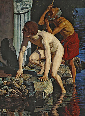 Старик, опирающийся на палку, и мальчик, выходящий из воды (зеркальное по отношению к картине изображение). Вторая половина 1830-х Этюд