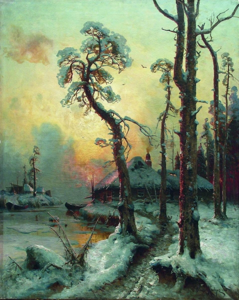 Зимний пейзаж с рекой и домами. 1914