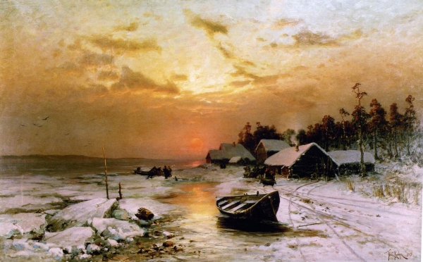 Зимний закат. (Рыбацкая деревушка) . 1885