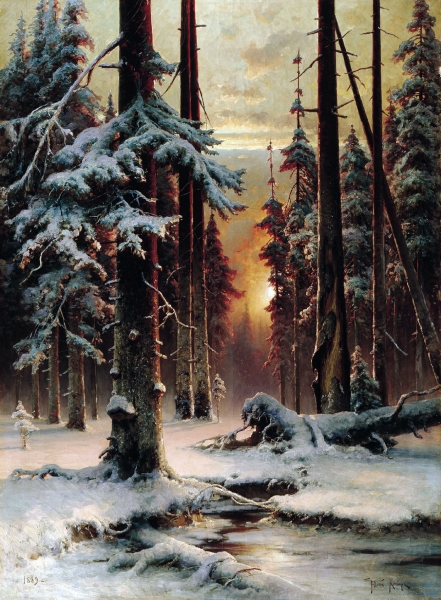 Зимний закат в еловом лесу. 1889