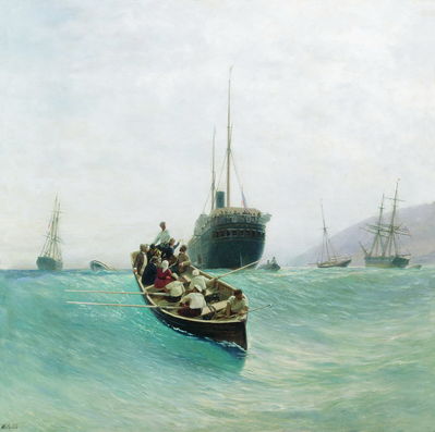 «Выгрузка пассажирского судна. Лодка в море», 1888