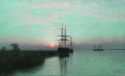 Корабли в заливе. Закат. 1885