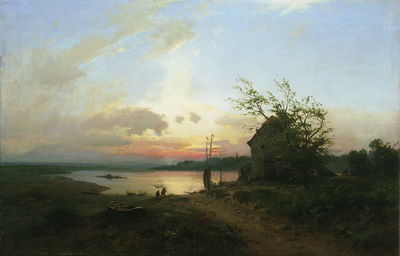 Рыбаки на реке. Вечерний закат. 1886