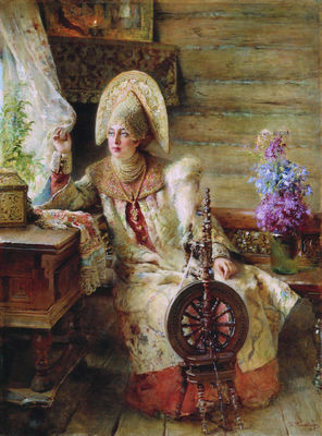 Боярышня у окна (с прялкой). 1890-е