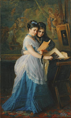 Две девушки рассматривают иллюстрации. 1872