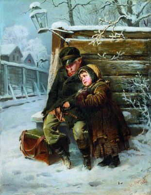 Маленькие шарманщики у забора зимой. 1868