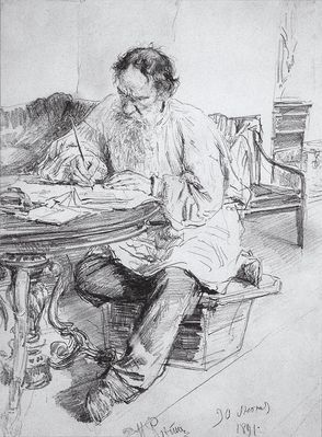 Л.Н. Толстой за работой у круглого стола. 1891