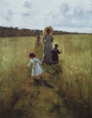 На меже. В.А.Репина с детьми идет по меже. 1879