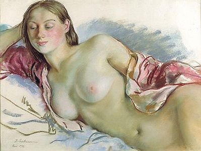 "Лежащая обнаженная с вишневой накидкой", 1934