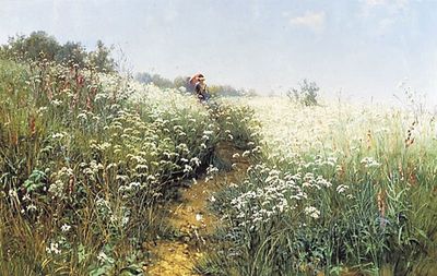 Женщина под зонтиком на цветущем лугу. 1881