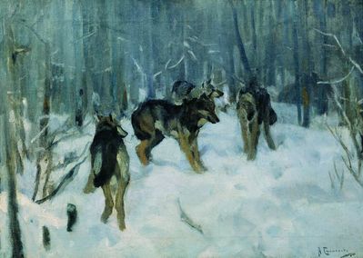 Волки в зимнем лесу. 1900-1910
