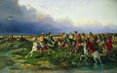 Царь Алексей Михайлович с боярами на соколиной охоте близ Москвы. 1873