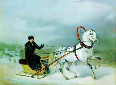 Орлов-Чесменский в санках на Барсе. Орловские рысаки. 1871