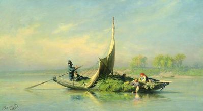 Крестьянская семья в лодке. 1870