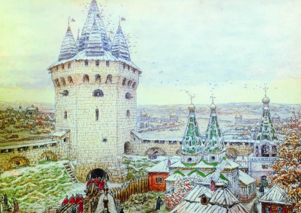 Семиверхая угловая башня Белого города в XVII веке. 1924