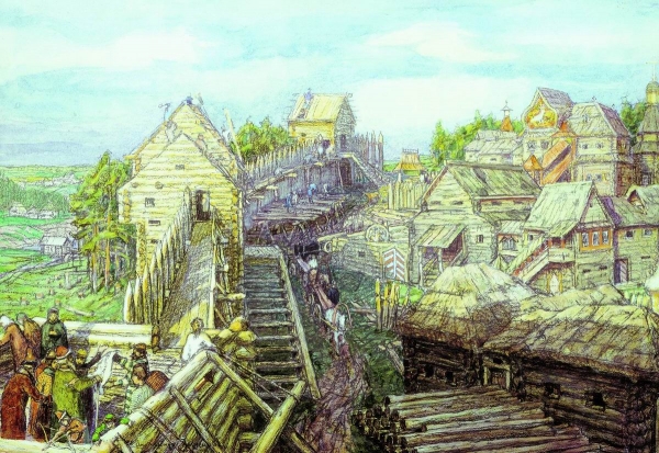 Строительство деревянных стен Кремля. XII век. 1903
