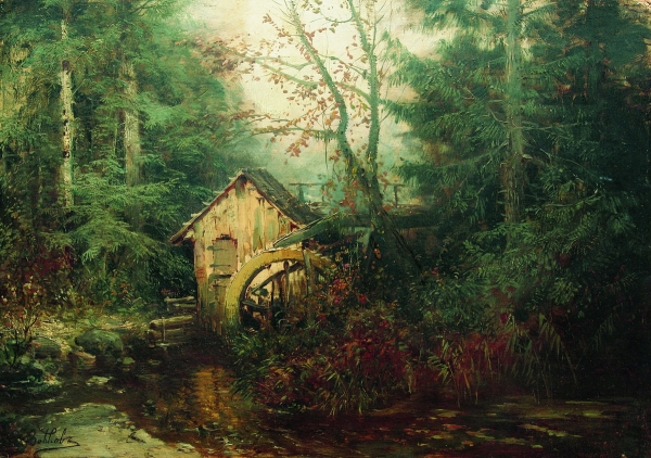 Лесной пейзаж с водяной мельницей. 1870-е