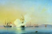 Boy_44-pushechnogo_fregata_Flora_s_tremya_tureckimi_parohodami_u_mysa_Picunda_9_noyabrya_1853_goda__1854.jpg